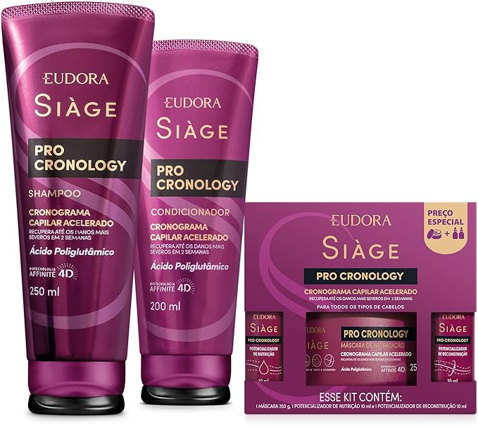 Eudora Kit Siàge Pro Cronology: Shampoo 250ml + Condicionador 200ml + Kit Cronograma Capilar Acelerado