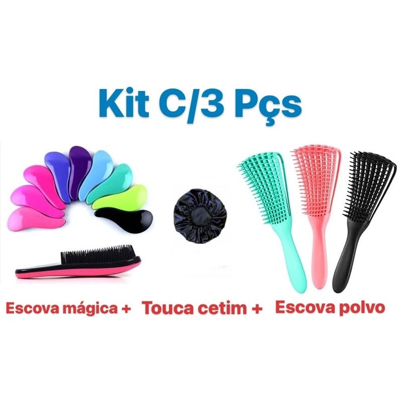 kit 1 escova polvo + 1 escova magica + touca de cetim