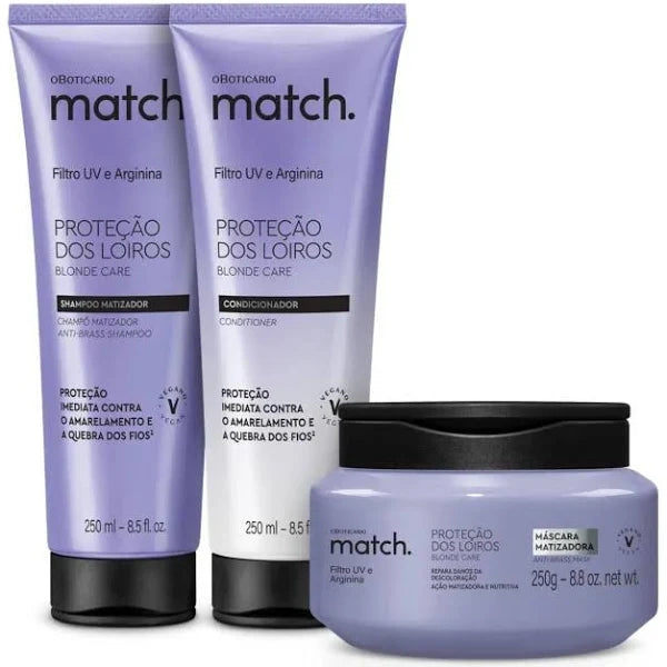 Combo Match. Proteção dos Loiros: Shampoo Matizador 250ml + Máscara Capilar 250g + Condicionador 250ml